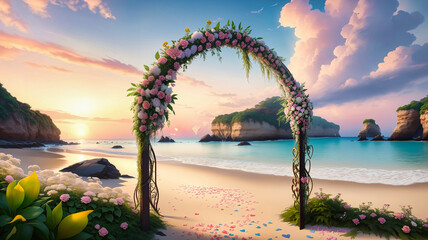 Wall Mural - beach wedding venue, wedding setup, cabana, arch, gazebo decorated with flowers, beach wedding setup