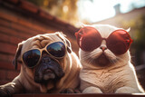 Fototapeta Zwierzęta - Dog and cat selfie portrait with sunglasses
