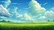Green field with wildflowers and blue sky landscape background. Generative AI