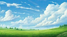 Green Field With Wildflowers And Blue Sky Landscape Background. Generative AI