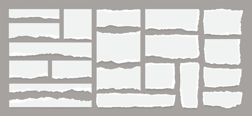 Wall Mural - Collection of white torn or ripped paper sheets on grey background. Office notebook strip, scrap page or newspaper tear with edge for ornament decoration. Social media grunge banner or split label.  