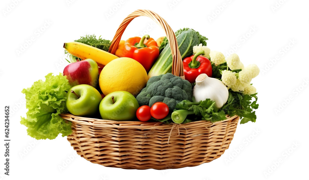 Assorted organic vegetables and fruits in wicker basket isolated on ...