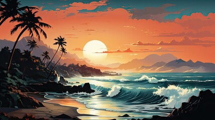 Sticker - Sunset over the sea background. Generative AI