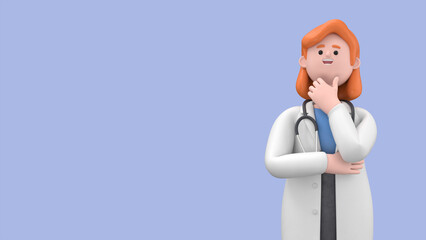 Wall Mural - 3D illustration of Female Doctor Nova pondering making decision. Portraits of cartoon characters solving problems, feeling concerned puzzled lost in thoughts. Searching and finding a solution concept.