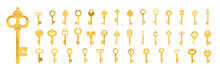 Large Collection Of Golden Vintage Keys. Keys Icons Set, Isolated. Gold Keys Signs And Symbols Collection. Icon, Pictogram, Vector Illustration.