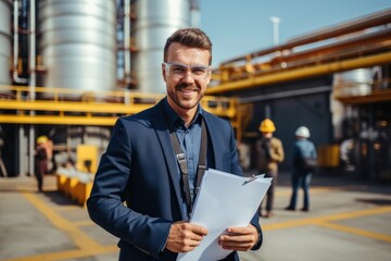 A cheerful handsome wealthy businessman in a suit with a helmet on their head holding documents and looking at the camera In the background is an oil tank outside the refinery.