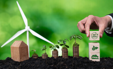 Businessman holding ESG symbol with seedling on coin stack and wind turbine. Environment social governance and corporate responsibility for sustainable energy to reduce CO2 pollution emission. Alter