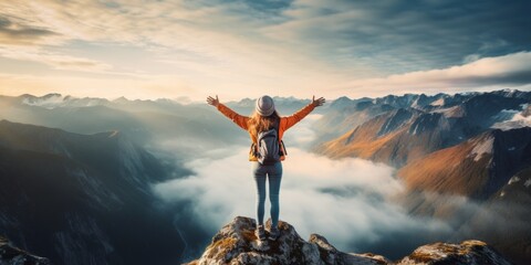 A woman standing on top of a mountain with raised hands. Generative AI image