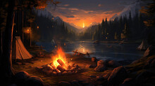 Illustrated Campfire In The Valley By A Lake