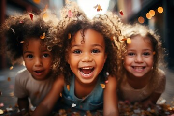 Children's group. Happy multicultural children having fun celebrating their birthdays with colorful confetti. child birthday concept