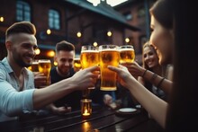 People Raising Beer Mugs At Pub, Brewery, Happy Friends Cheering, Happy Hour At Bar Party, Social Gathering Time Concept.