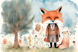 Fototapeta Dziecięca - Cute fox cartoon in watercolor style. Watercolor Fox and Flowers isolated on white background. Cute fox animal woodland art set, wild life cartoon drawing