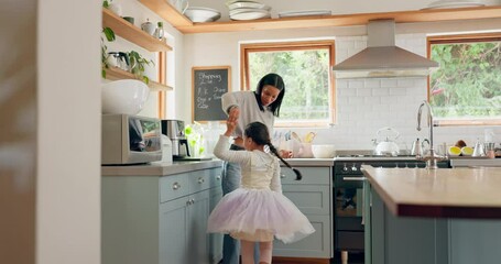 Poster - Dance, ballet and girl with mother in a kitchen together or mom support child and playing as a dancer or ballerina. Tutu skirt, mommy helping to spin or bonding with kid in the house or home