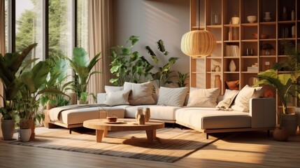 Cozy elegant boho style living room interior in natural colors. Comfortable couch with cushions, many houseplants, wooden coffee table and bookcase, wicker pendant light, home decor. 3D rendering.