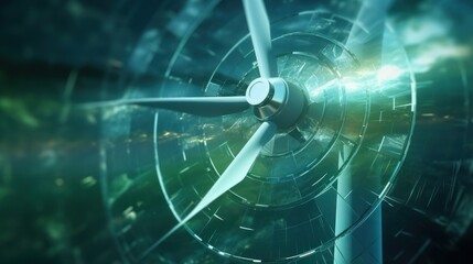 Graphic image of the rotating blades of a windmill on a blue blurred background. Sustainable wind energy process. Virtual data technology. Green energy power production. Mockup, 3D rendering.