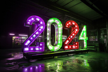 neon sign number 2024, happy new year 3d text celebration party. happy 2024 holiday symbol.