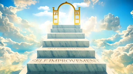 self improvement as stairs to reach out to the heavenly gate for reward, success and happiness. self