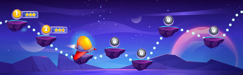 Wall Mural - space game progress map on night sky background. vector cartoon illustration of aircraft traveling b