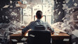 © Putra - A Man Sitting with Papers Flying Around, Depicting the Concept of Busyness in Work