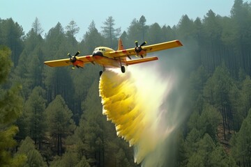 Rescue firefighting aircraft extinguish a forest fire by dumping water on a burning coniferous forest. Saving forests, fighting forest fires. Bird's-eye view, pine forest backdrop. 3D rendering.