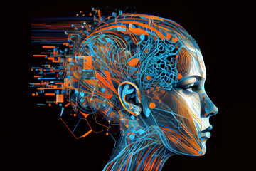 Realistic Artificial intelligence. Computer mind connections head. Human head with circuit board inside. Engineering 3D concept. Technology web background. Virtual concept