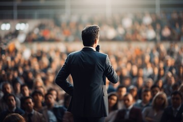 back view of motivational speaker standing on stage in front of audience for motivation speech on co
