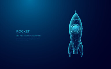 Abstract Digital Rocket on Technology Blue Background. Futuristic Spaceship consists of polygons, connected dots, thin lines, and glowing circles. Low Poly Wireframe Vector Illustration with 3D effect