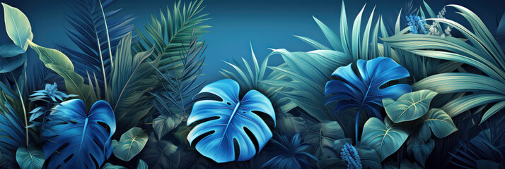 Tropical plants banner on blue background. Jungle tropic plant leaf and flower variety, underwater flora