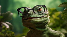 Animal Reptile Green Iguana Wildlife Lizard Scale Glasses Portrait Close-up. Generative AI.