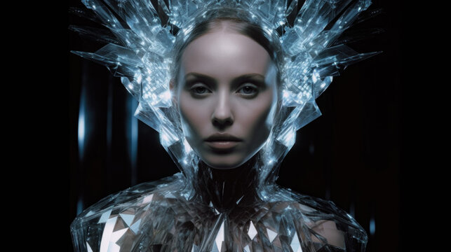 Futuristic Fashion Glass Crystal. Contemporary Design Elegance, Sparkle Transparent Dress, Fashionable Clothes, Headdress Accessory. Generative AI.