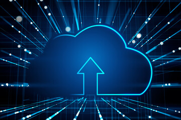 Glowing cloud symbol with upward arrow on dark blue background, technology concept. 3D Rendering