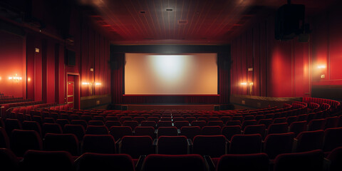 Empty of cinema in blue color with white blank screen. Mockup of hall, no people and auditorium. Generative AI