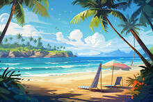 Tropical Beach, Complete With Palm Trees, Colorful Beach Umbrellas And Calm Ocean