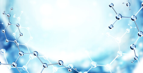 Wall Mural - horizontal banner with model of abstract molecular structure. background of blue color with glass at