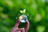 Fototapeta Pokój dzieciecy - Earth  glass globe ball and tree icon in  hand saving the environment, save a clean planet, ecology concept. technology science of environment concept for the development of sustainability.