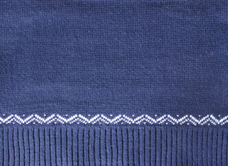 Sticker - Wool sweater texture of dark blue color with white border. Natural knitted wool indigo color material with white ornament. Horizontal or vertical background with knitted fabric texture