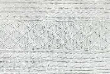 Sticker - Wool sweater texture of white color with cable knitting stitch pattern. Natural knitted wool white material with ornament. Horizontal or vertical background with handmade knitted fabric texture