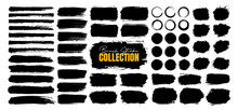 Big Set Of Grunge Paint Brush Stroke, Grungy Lines, Frames, Box And Artistic Design Elements On White Background. Ink Splash, Splatter And Dirty Watercolor Texture For Social Media. Ornament Design.