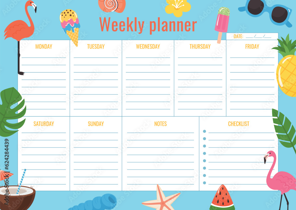 Summer design Horizontal weekly planner template. School Page plan ...