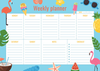 Fototapete - Summer design Horizontal weekly planner template. School Page plan. Schedule for 7 days of the week, notes and checklist. Vector illustration