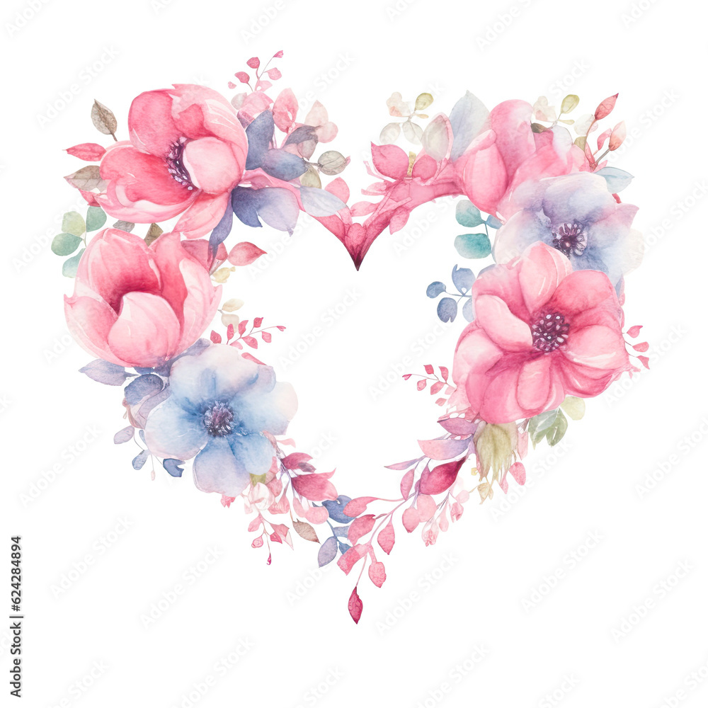 Wedding floral heart wreath composition. Watercolor flowers isolated on ...