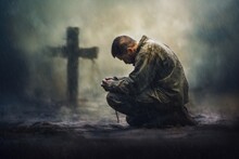 Christian Man Praying In Front Of The Cross