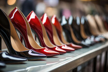 Closeup Of Row Of Stylish Highheeled Shoes. Generative AI