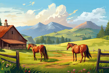 Rural Farm Scene With Horses Grazing And Distant Mountain Range Illustration. Generative AI