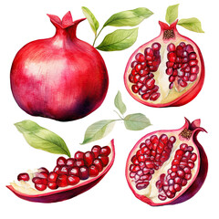 Wall Mural - Pomegranate fruit, watercolor illustration, on white background. Generative AI