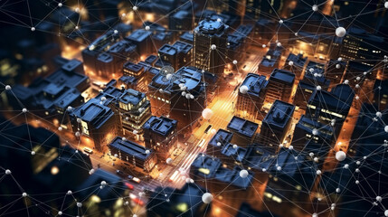 smart city in the night background. building with connection line. digital social network as modern house and office data communication. generative AI