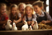 Happy Children Feeding Farm Animals At Petting Zoo. Generative AI