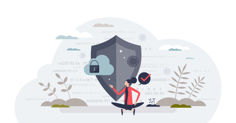 Wall Mural - Data privacy and protection for safe private file storage tiny person concept, transparent background. Information safety and network encryption as digital shield against attackers.