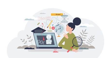 Online learning as e-learning course with distant content tiny person concept, transparent background. Study in university or school with web lectures and virtual academic lessons illustration.
