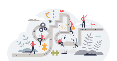 Life journey and highway path with complex direction tiny person concept, transparent background. Complicated challenge in career or personal experience illustration.